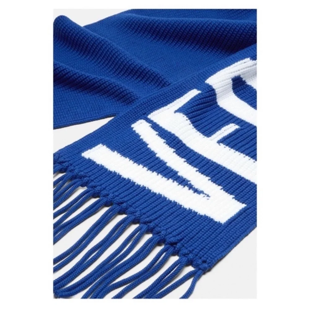 New! VERSACE Logo Intarsia Knit Fringe Oversized Unisex Wool Scarf in Royal Blue